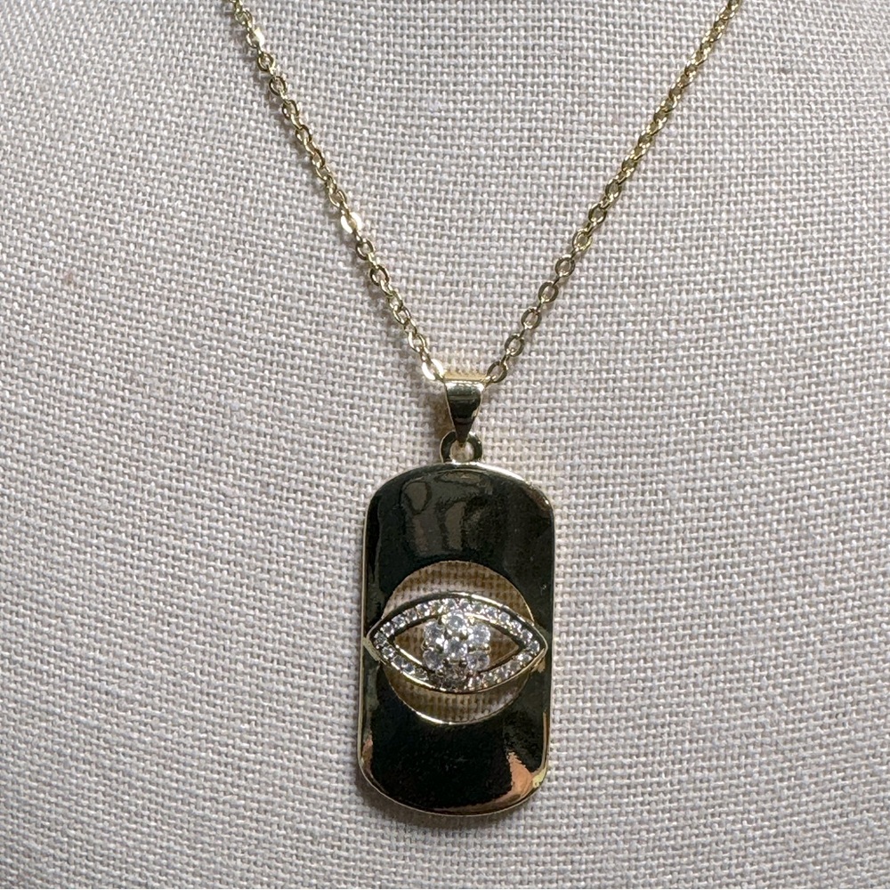 NWT Clear Crystal Evil Eye Gold Bar Pendant Necklace - Picture 1 of 3